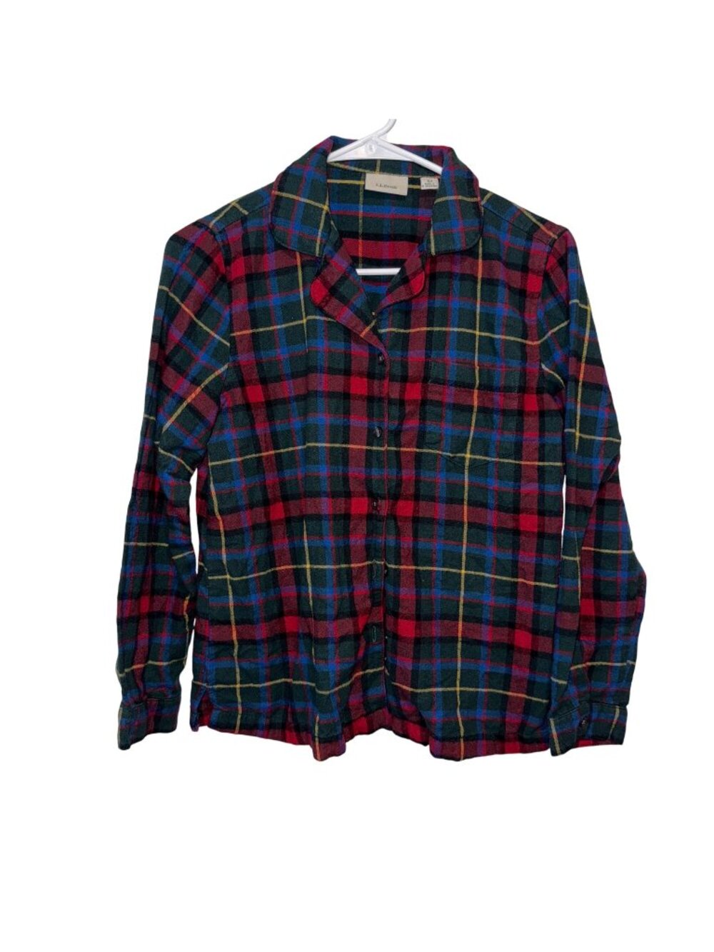 L.L.Bean Womens XSP Plaid Button-Up Flannel Pajama Shirt In Red & Green